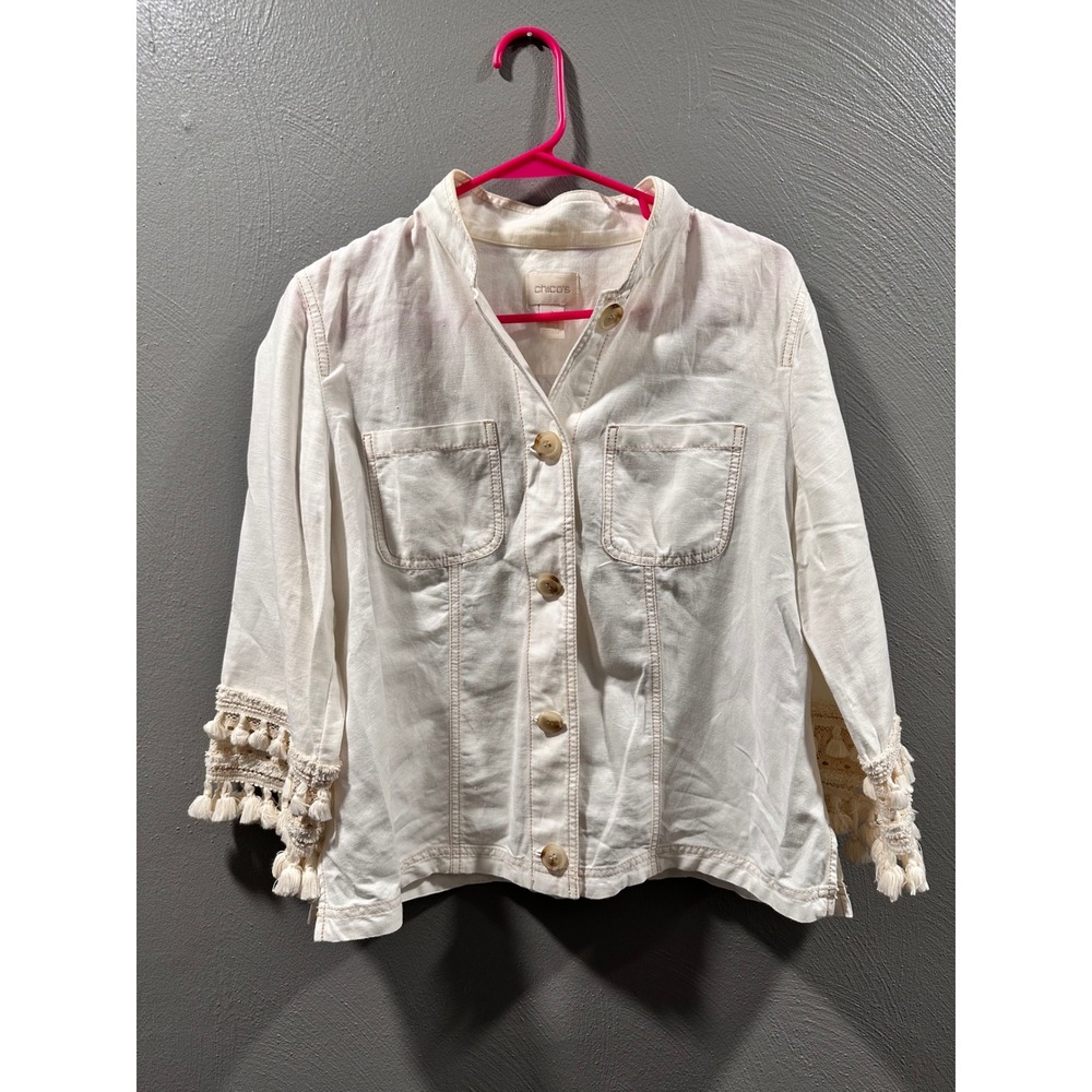 Chicos Linen Blend Tassel Cuff Jacket Off White Button Front Size 1 Medium